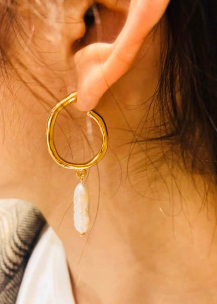 Gold Hoops with Baroque Pearl Drop Earrings