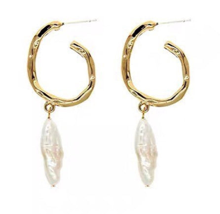 Gold Hoops with Baroque Pearl Drop Earrings