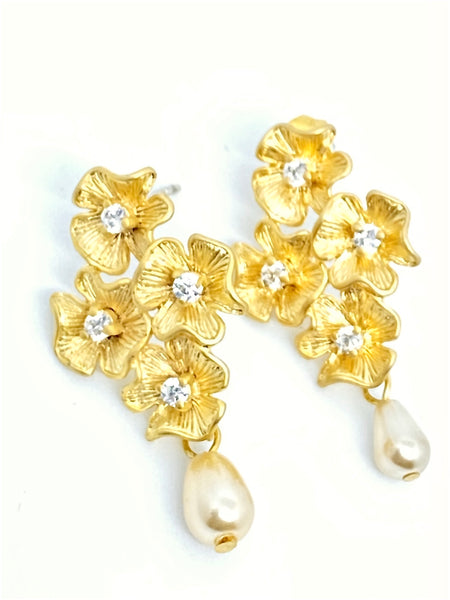 Four Flower Cluster Earring with Pearl Drop